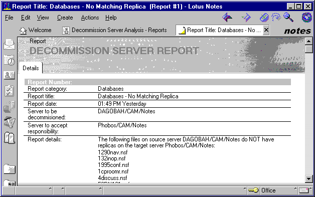 View of a Decommission Server report.