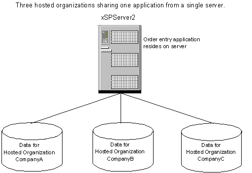 Figure of one server running one application shared by three hosted organizations.