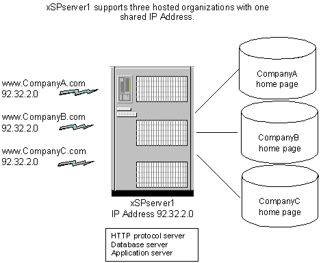 Figure of one xSP server supporting multiple hosted organizations that share one IP address.