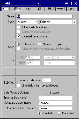 Field properties for DCR example